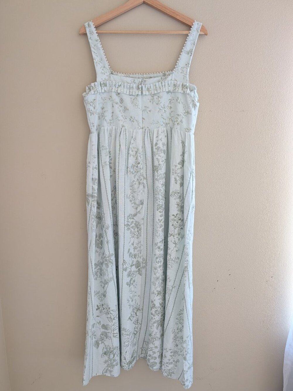 Caroline Constas Sage Green Pearl Neck Trim Floral Linen Maxi Dress Size S NWT - Picture 4 of 13